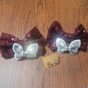 Silver hairbow, mini hair bows, and earrings bundle